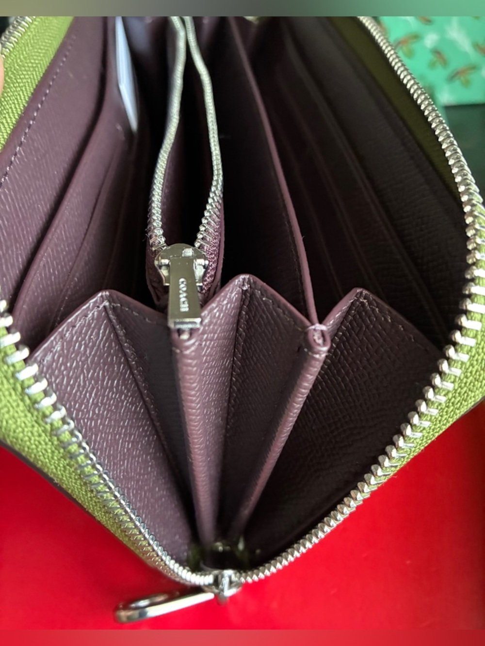Coach Lime Green Saffiano Zip Wallet with Silver Logo - Picture 5 of 13